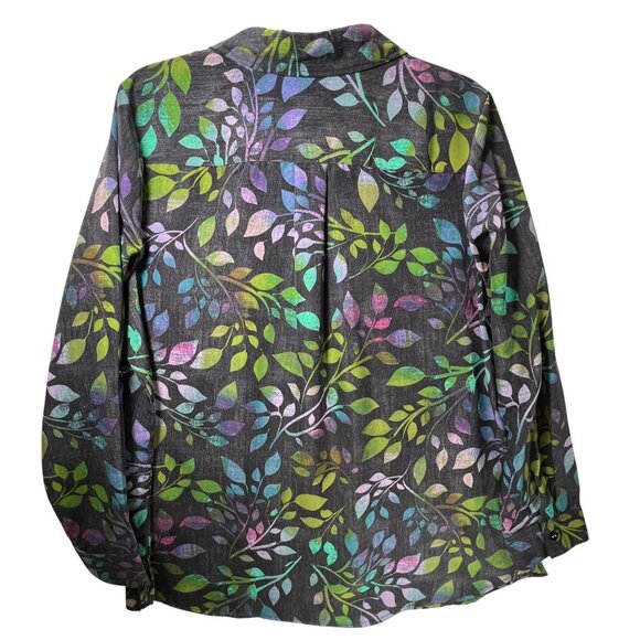 D & Co Button Up Shirt Multicolor Leaf Print Long Sleeve Large Denim Co Roll Tab - Picture 3 of 14